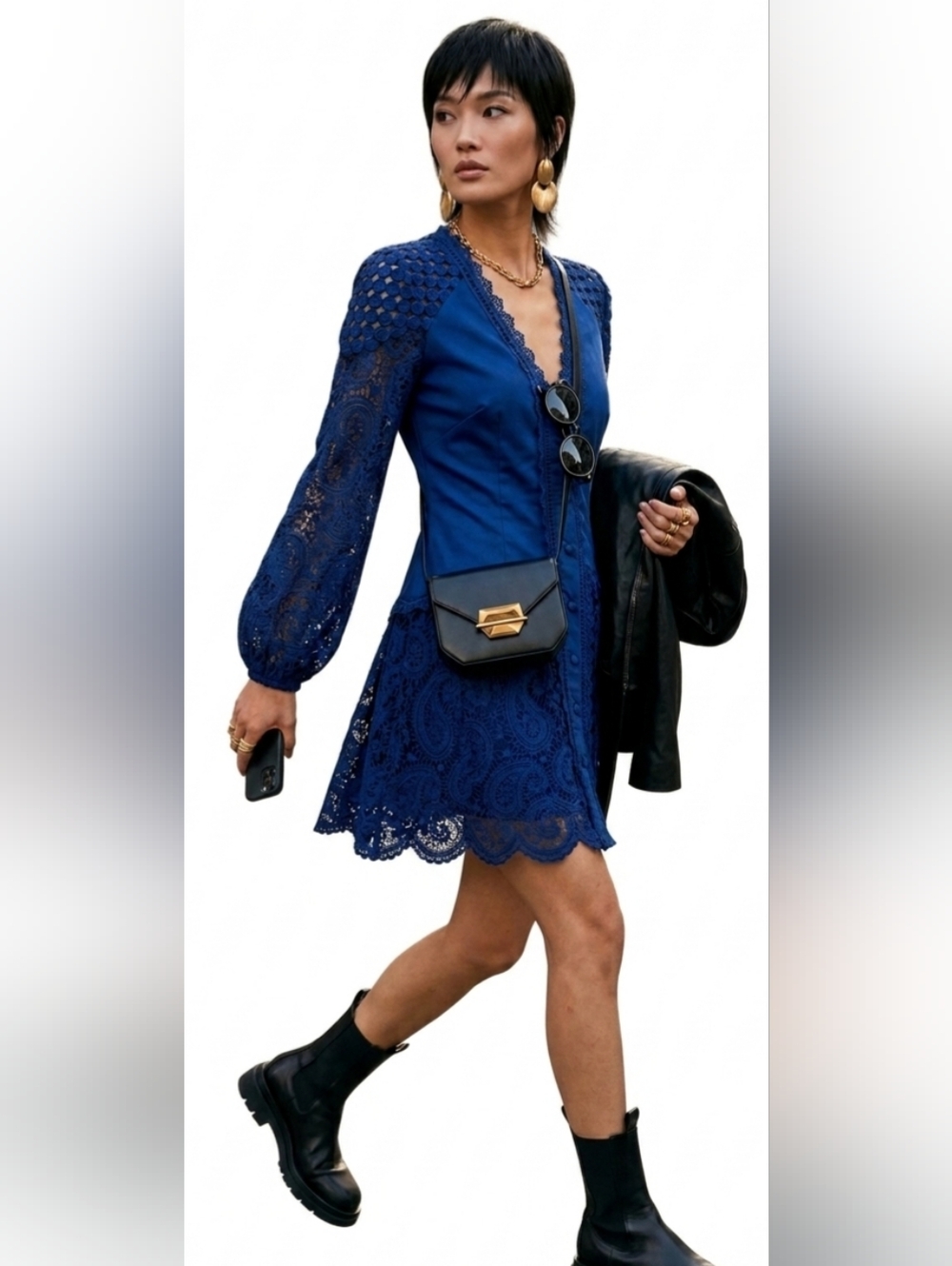 Dalia MacPhee Blue Lace Crochet Dress NWT Size M Long Sleeve Button Front Boho
